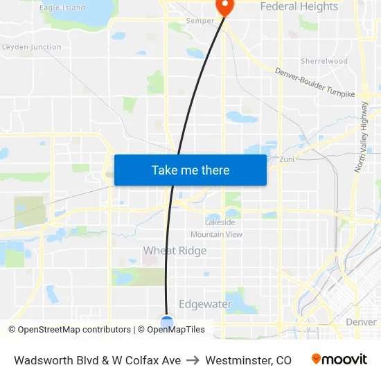 Wadsworth Blvd & W Colfax Ave to Westminster, CO map