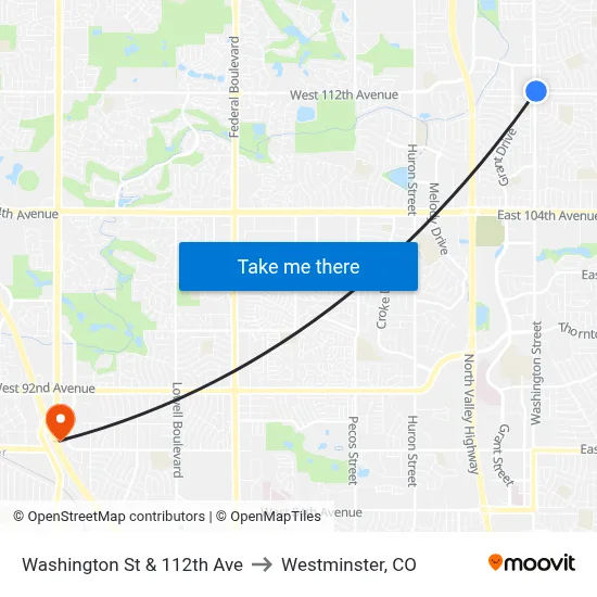 Washington St & 112th Ave to Westminster, CO map