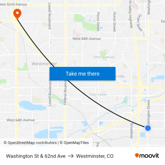 Washington St & 62nd Ave to Westminster, CO map