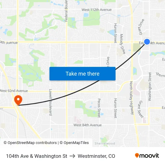 104th Ave & Washington St to Westminster, CO map