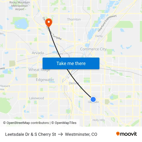 Leetsdale Dr & S Cherry St to Westminster, CO map