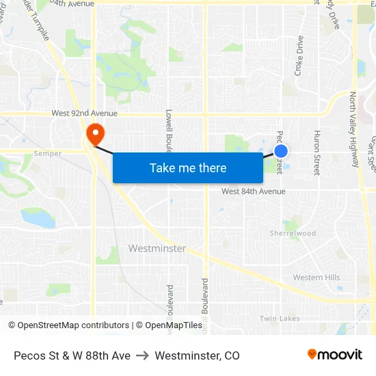 Pecos St & W 88th Ave to Westminster, CO map