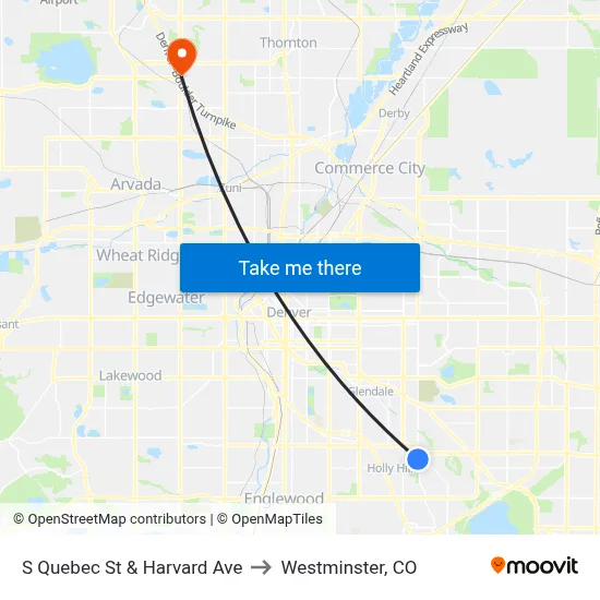 S Quebec St & Harvard Ave to Westminster, CO map