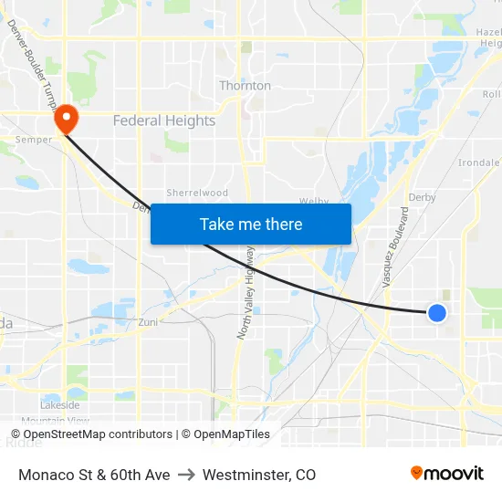 Monaco St & 60th Ave to Westminster, CO map