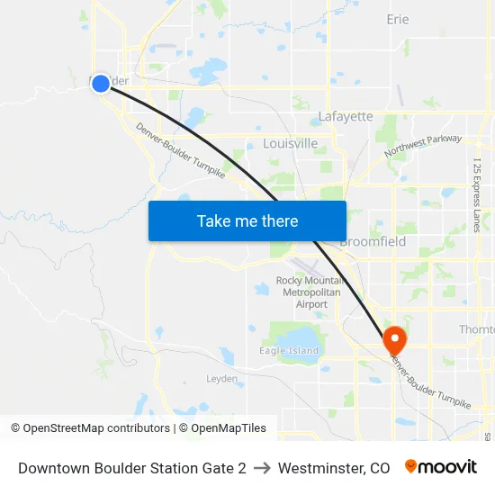 Downtown Boulder Station Gate 2 to Westminster, CO map