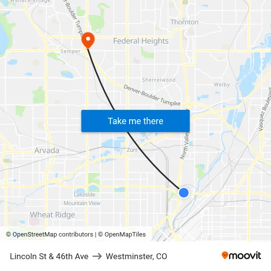 Lincoln St & 46th Ave to Westminster, CO map