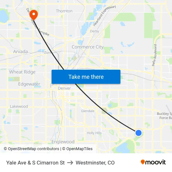 Yale Ave & S Cimarron St to Westminster, CO map