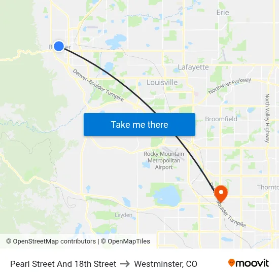 Pearl Street And 18th Street to Westminster, CO map