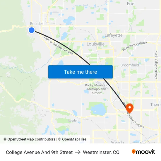 College Avenue And 9th Street to Westminster, CO map