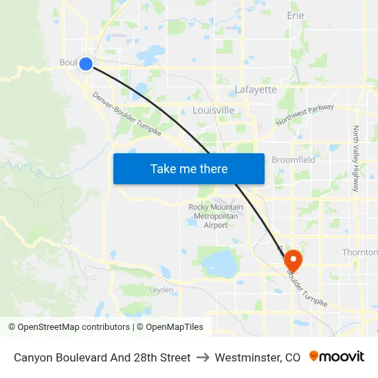 Canyon Boulevard And 28th Street to Westminster, CO map