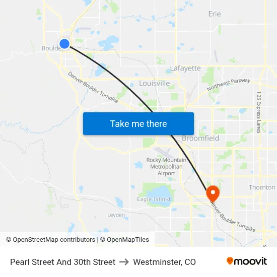 Pearl Street And 30th Street to Westminster, CO map