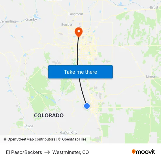 El Paso/Beckers to Westminster, CO map