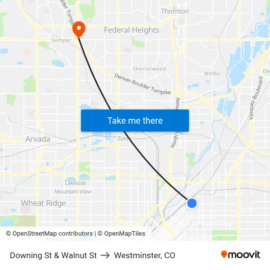 Downing St & Walnut St to Westminster, CO map