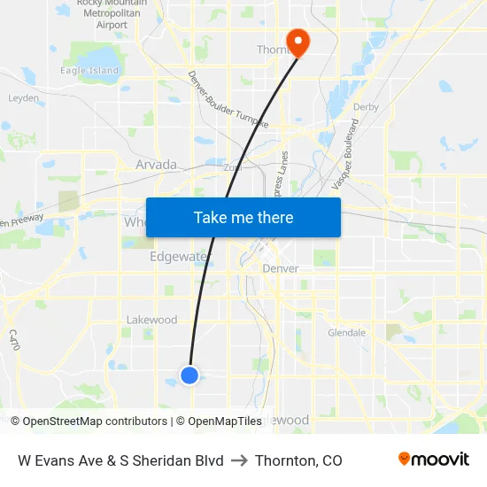 W Evans Ave & S Sheridan Blvd to Thornton, CO map