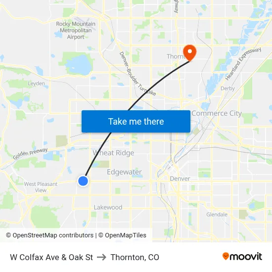 W Colfax Ave & Oak St to Thornton, CO map