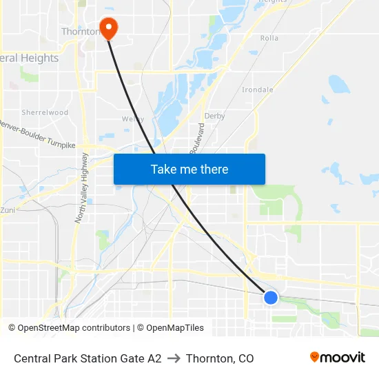 Central Park Station Gate A2 to Thornton, CO map