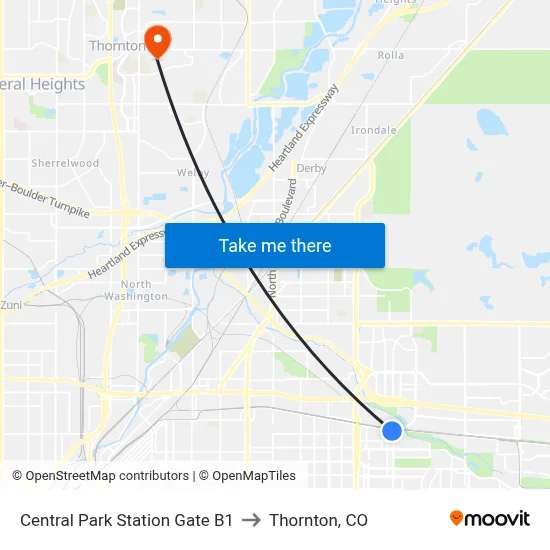 Central Park Station Gate B1 to Thornton, CO map