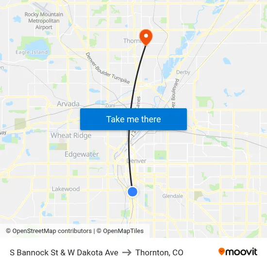 S Bannock St & W Dakota Ave to Thornton, CO map