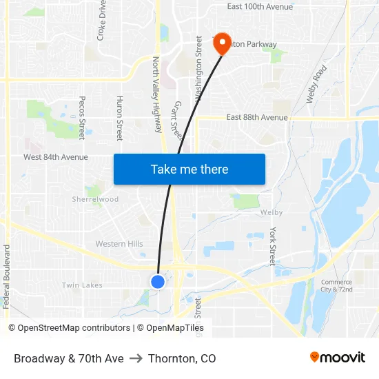 Broadway & 70th Ave to Thornton, CO map
