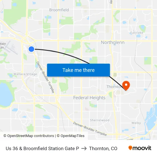 Us 36 & Broomfield Station Gate P to Thornton, CO map