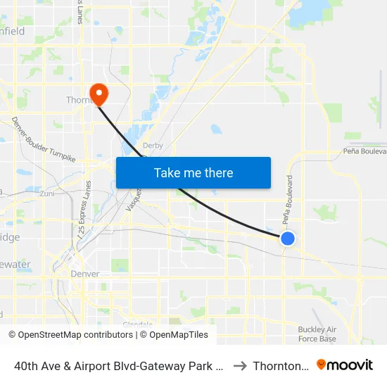 40th Ave & Airport Blvd-Gateway Park Stn Gate F to Thornton, CO map