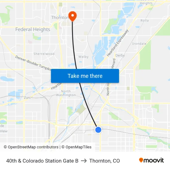 40th & Colorado Station Gate B to Thornton, CO map