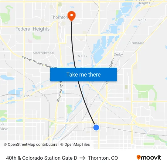 40th & Colorado Station Gate D to Thornton, CO map