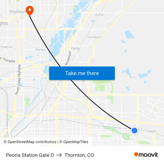Peoria Station Gate D to Thornton, CO map
