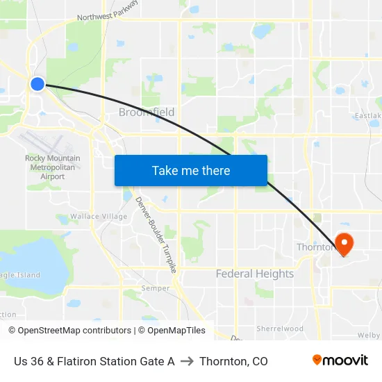 Us 36 & Flatiron Station Gate A to Thornton, CO map
