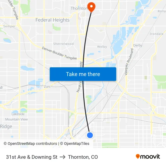 31st Ave & Downing St to Thornton, CO map