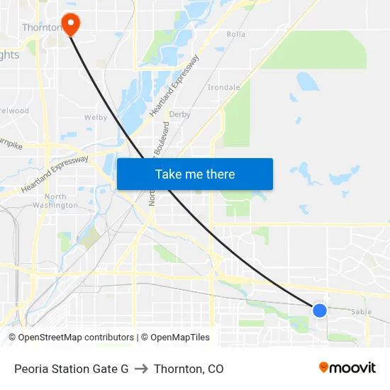Peoria Station Gate G to Thornton, CO map