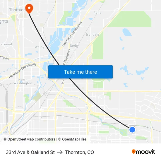33rd Ave & Oakland St to Thornton, CO map