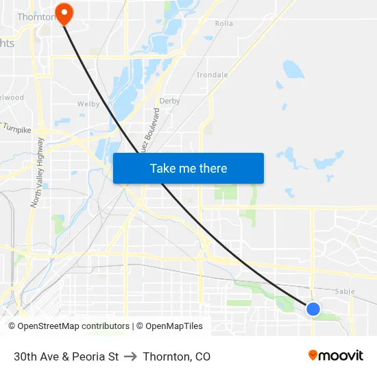 30th Ave & Peoria St to Thornton, CO map