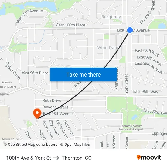 100th Ave & York St to Thornton, CO map