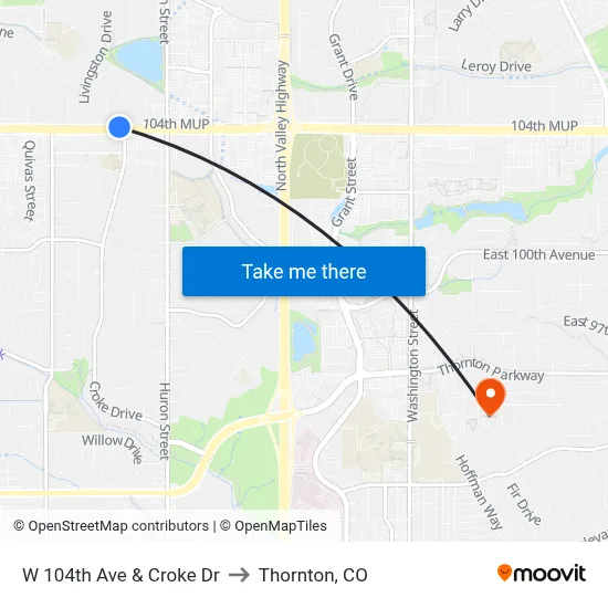 W 104th Ave & Croke Dr to Thornton, CO map