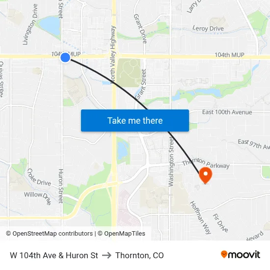 W 104th Ave & Huron St to Thornton, CO map