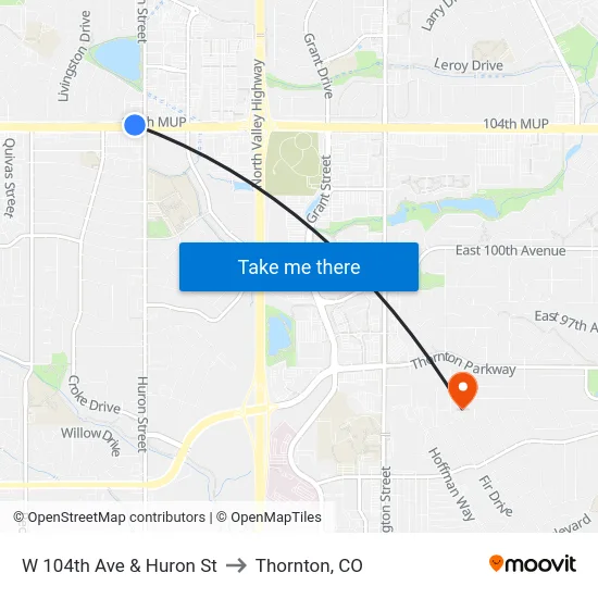 W 104th Ave & Huron St to Thornton, CO map