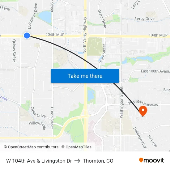 W 104th Ave & Livingston Dr to Thornton, CO map