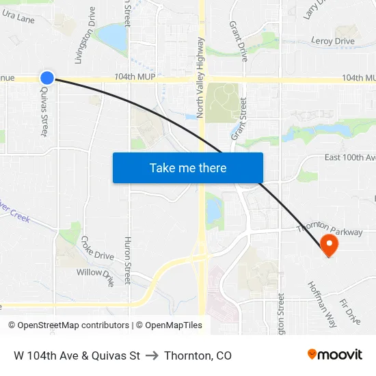 W 104th Ave & Quivas St to Thornton, CO map