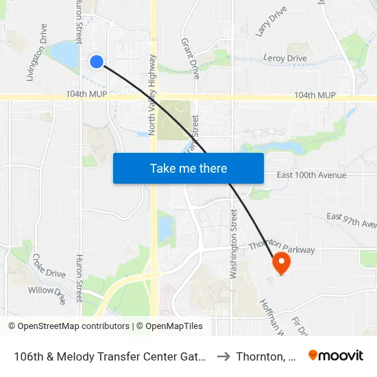 106th & Melody Transfer Center Gate C to Thornton, CO map
