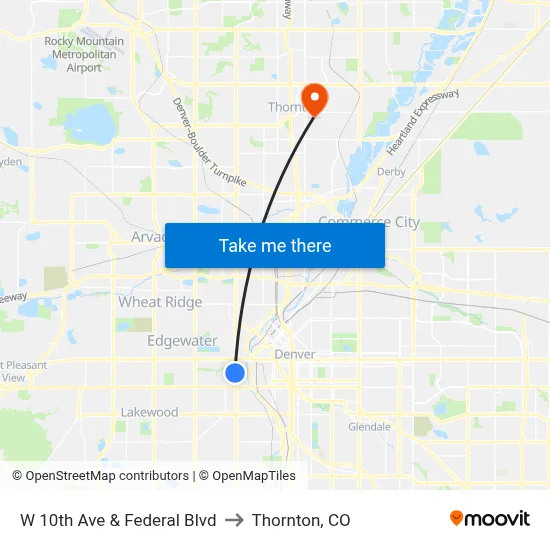 W 10th Ave & Federal Blvd to Thornton, CO map
