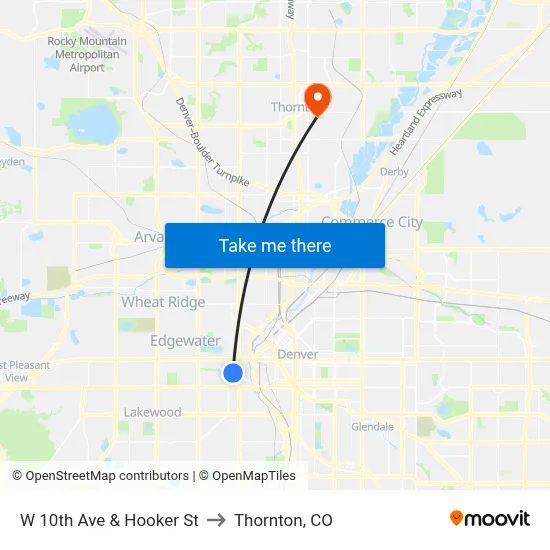 W 10th Ave & Hooker St to Thornton, CO map