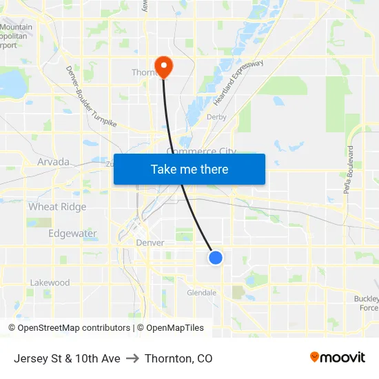 Jersey St & 10th Ave to Thornton, CO map