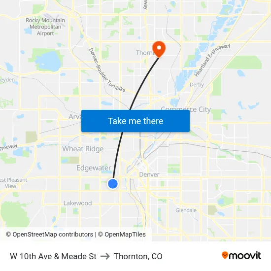 W 10th Ave & Meade St to Thornton, CO map