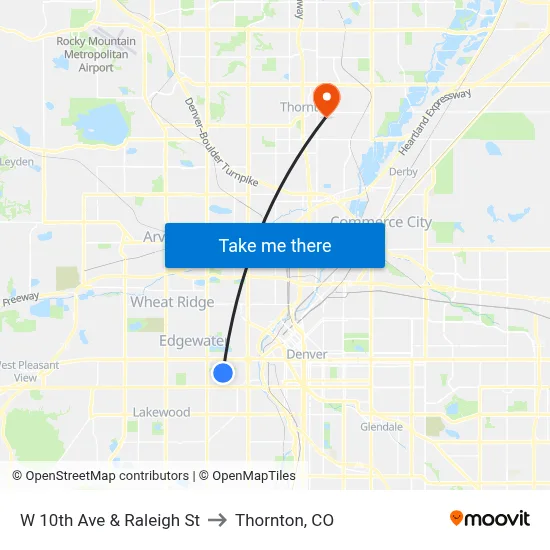 W 10th Ave & Raleigh St to Thornton, CO map