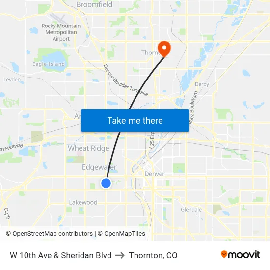 W 10th Ave & Sheridan Blvd to Thornton, CO map