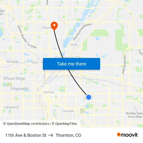 11th Ave & Boston St to Thornton, CO map