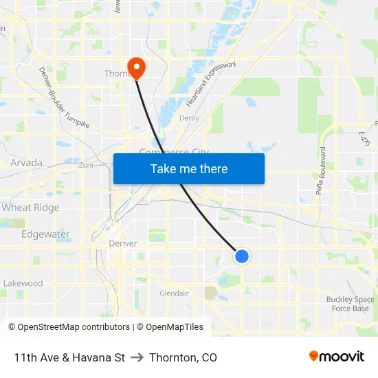 11th Ave & Havana St to Thornton, CO map