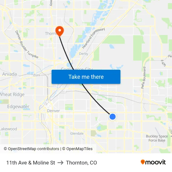 11th Ave & Moline St to Thornton, CO map