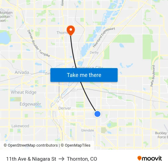 11th Ave & Niagara St to Thornton, CO map